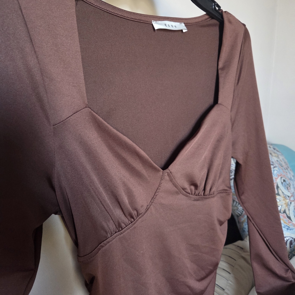 Chocolate Brown Satin Top W Built In Cups Sweetheart Neckline & Ruched Sides - S
